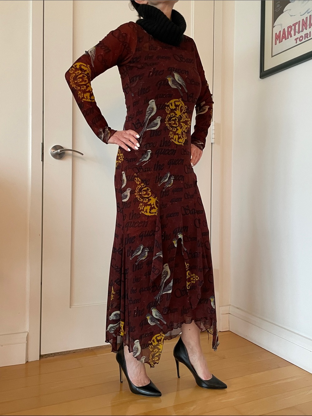 Save The Queen Burgundy Printed Maxi Dress with Black Cowl Neck